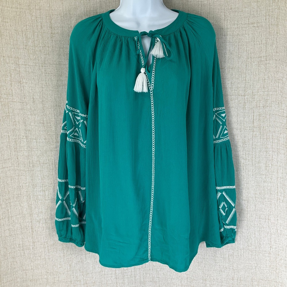 Lane Bryant Teal Green Embroidered Tassel Boho Peasant Blouse Top Womens Sz 14